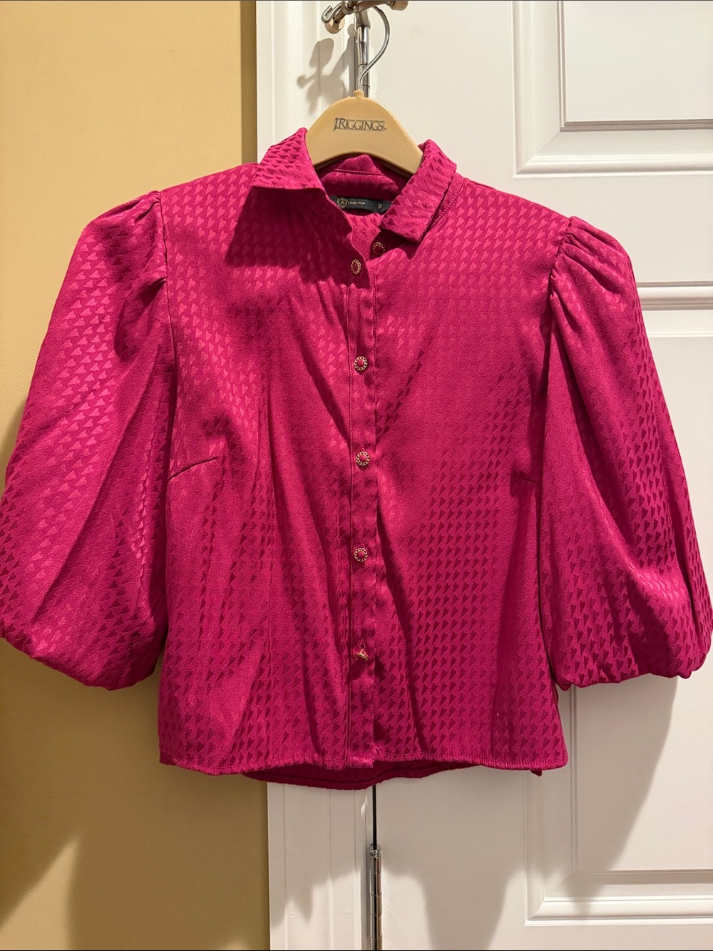 Puff-Sleeve Button-Down Blouse in Bright Pink